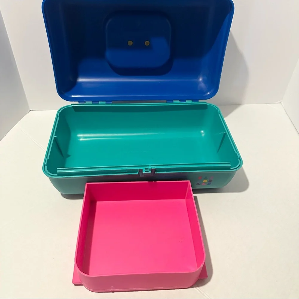 Vintage Cali Caboodle Blue Teal Pink Makeup Case Organize Sliding Tray 2602